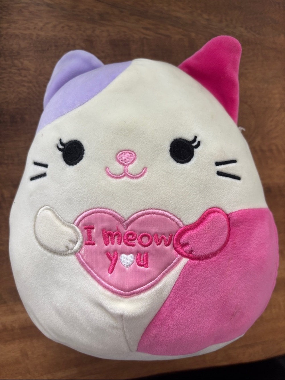 Squishmallows Cat plush toy in Pink, Purple & Cream with Embroidered Heart